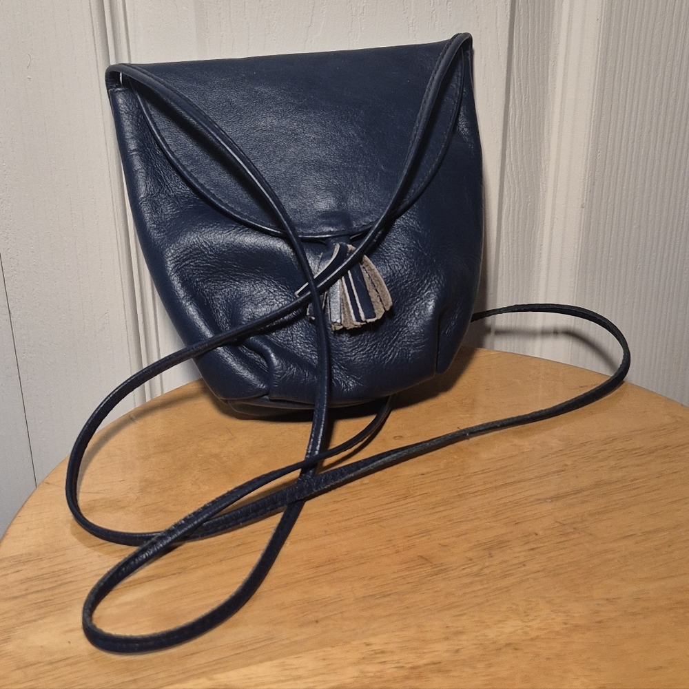 Genuine Leather Navy Blue Crossbody Satchel With Tassel Made In Columbia
